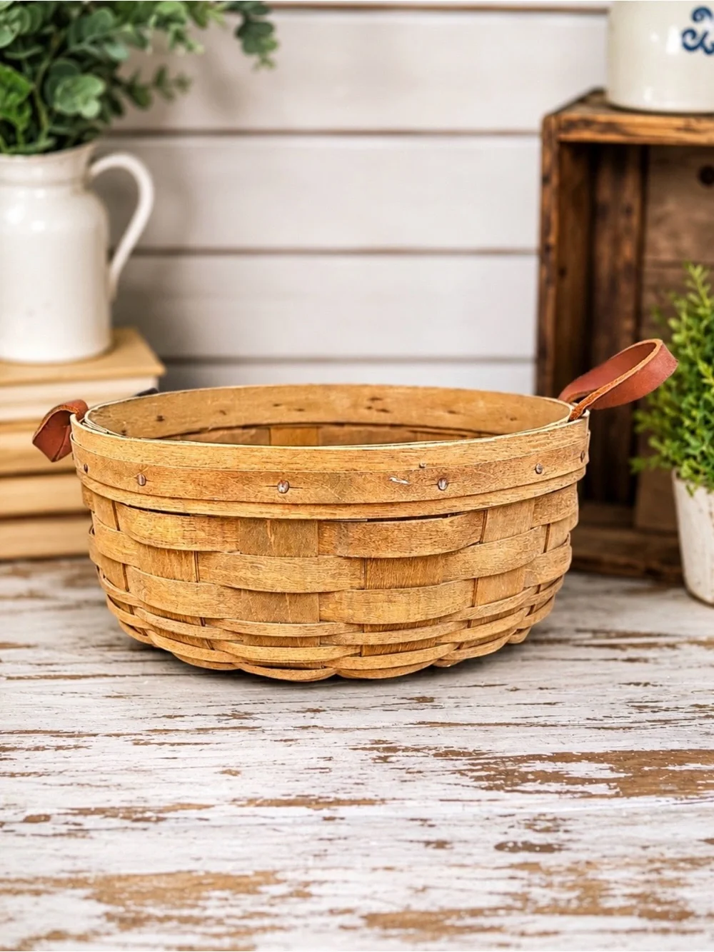 Longaberger Brown Woven Round Basket with Branded Slat